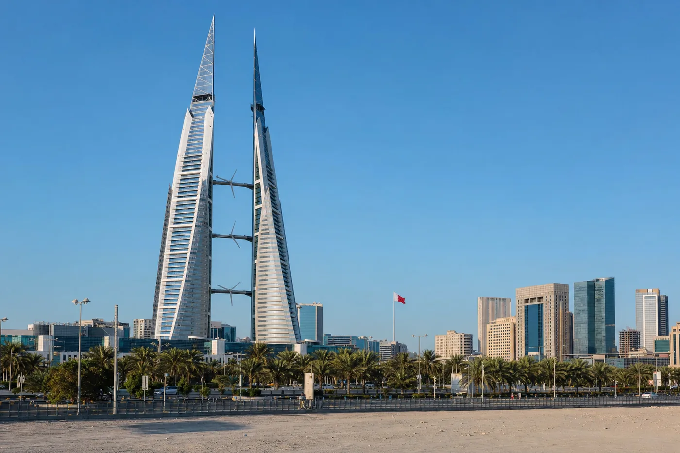 Bahrain – famous landmark with the national flag