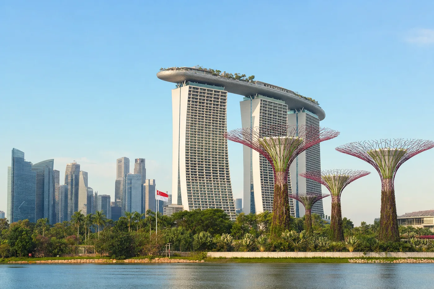 Singapore – famous landmark with the national flag